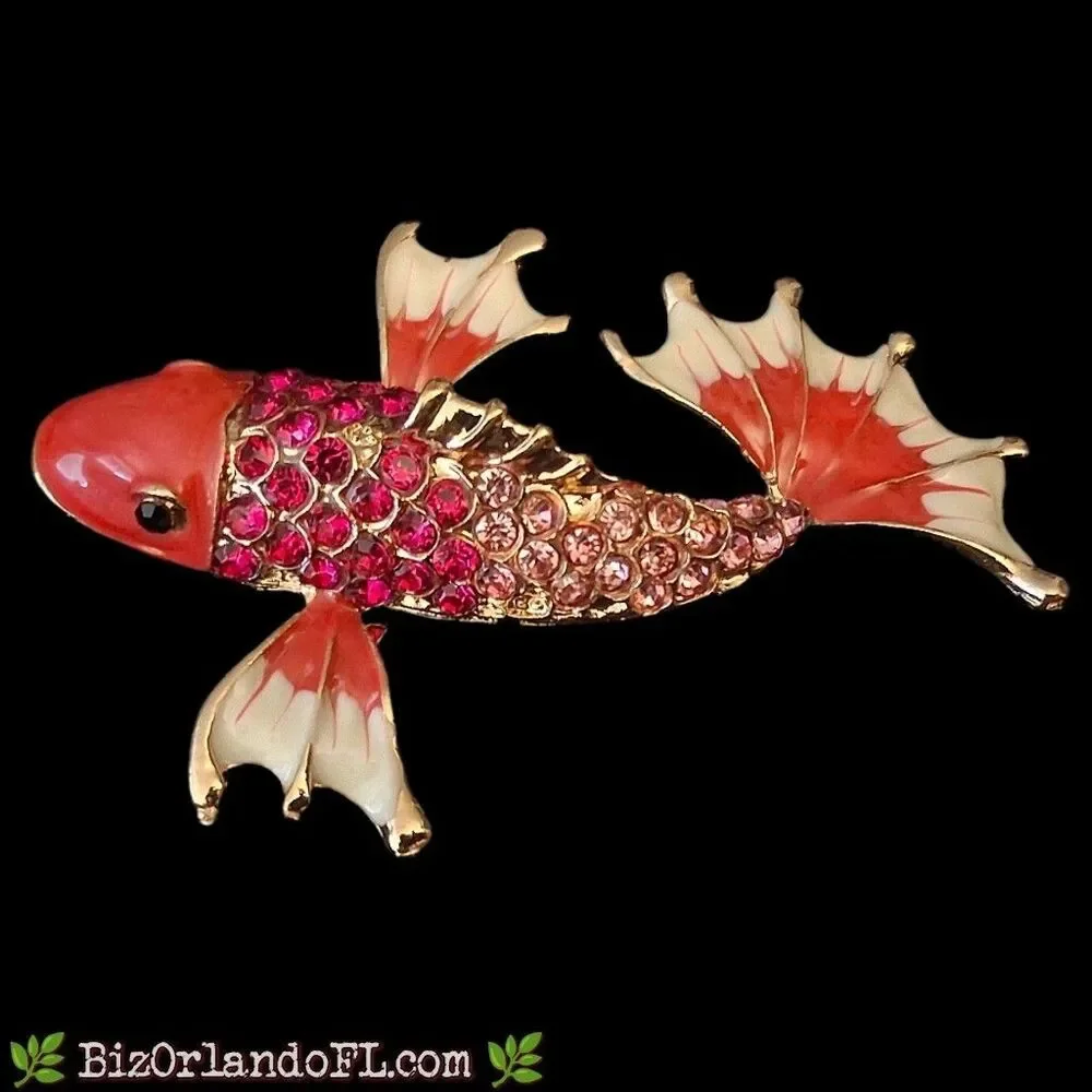 Koi Fish Brooch Pin / Pendant Combo Gold Tone Pink Red Rhinestone Crystal Enamel